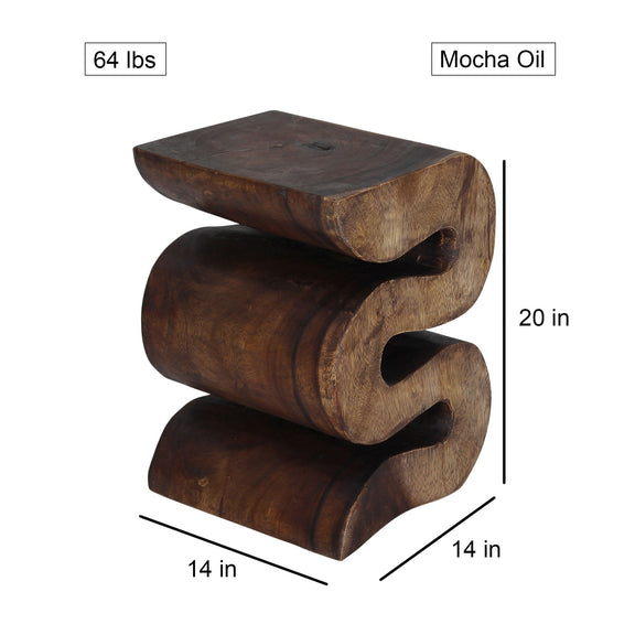 Haussmann Big Wave hand-carved wood end table, Mocha, 14 x 14 x 20 in H, dimensions