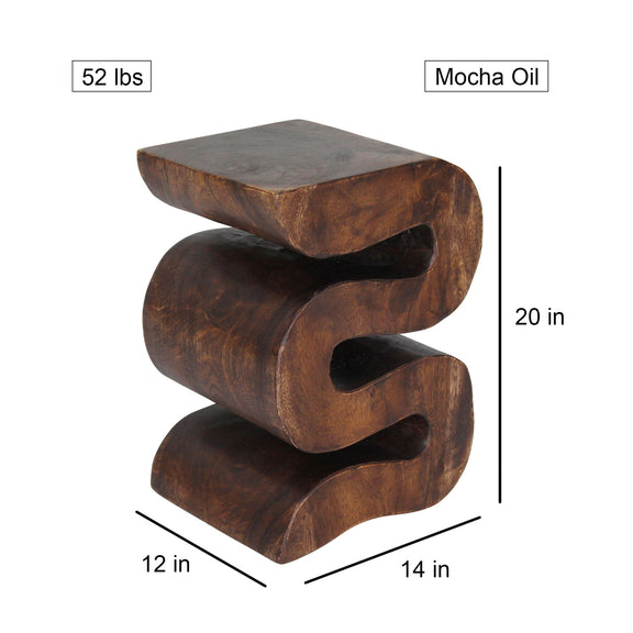 Haussmann Big Wave hand-carved wood end table, Mocha, 12 x 14 x 20 in H, dimensions