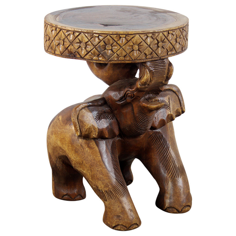 Haussmann Elephant Chang Hand-Carved Solid Wood End Table, Walnut, 15 in dia x 20 in H