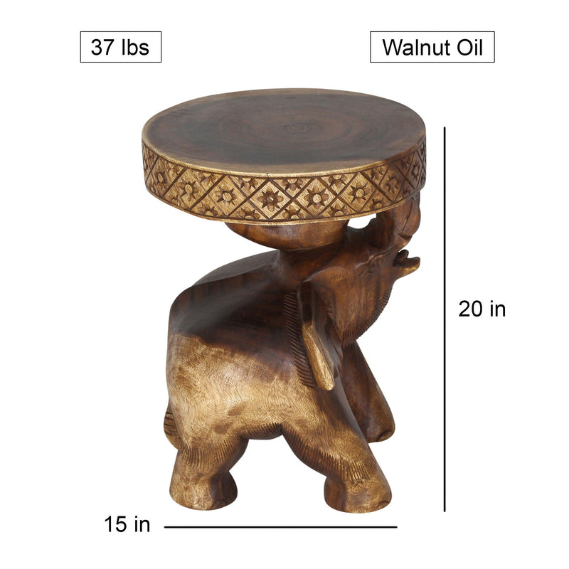 Haussmann Elephant Chang Hand-Carved Solid Wood End Table, Walnut, 15 in dia x 20 in H, dimensions