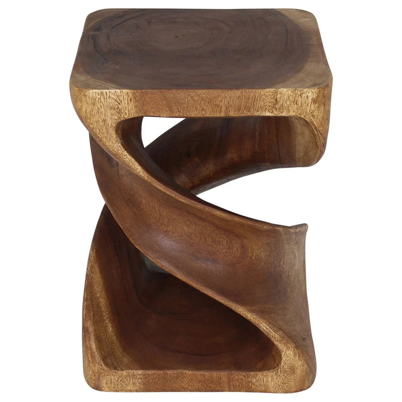 Second white-background angle of the 15 x 15 x 20-inch Double Twist walnut end table showing its carved spirals