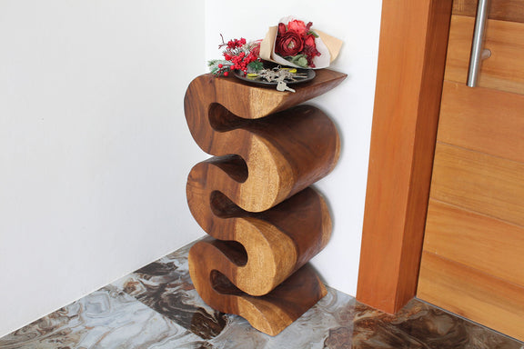 Haussmann Big Wave hand-carved wood end table, Walnut, 12 x 14 x 30 in H