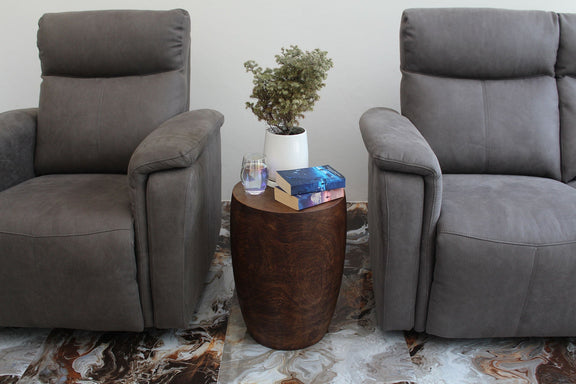 Haussmann Merlot Dark Walnut 14-inch round top, 20-inch height — in a room with items on top