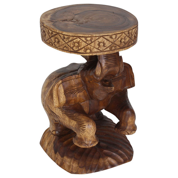 Haussmann Elephant Chang Hand-Carved Solid Wood End Table, Walnut, 14 in dia x 22 in H