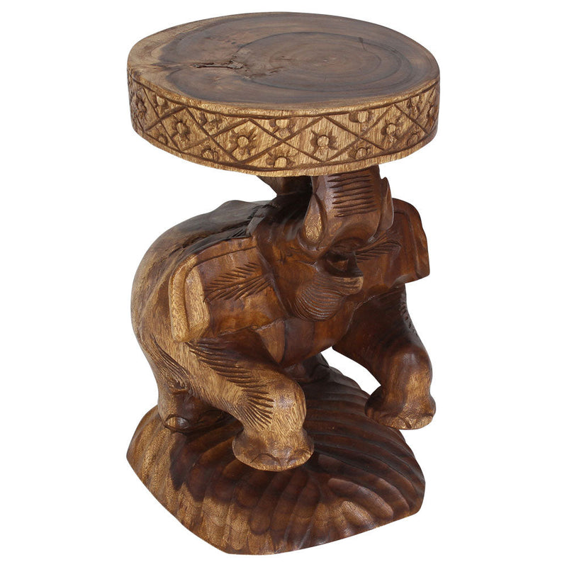 Haussmann Elephant Chang Hand-Carved Solid Wood End Table, Walnut, 14 in dia x 22 in H