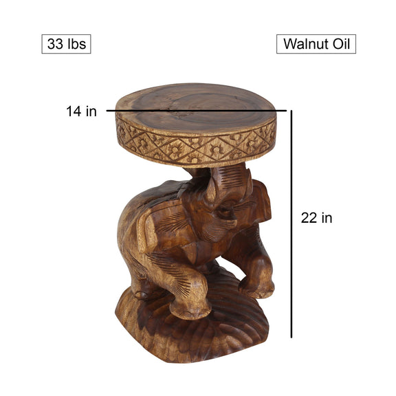 Haussmann Elephant Chang Hand-Carved Solid Wood End Table, Walnut, 14 in dia x 22 in H, dimensions