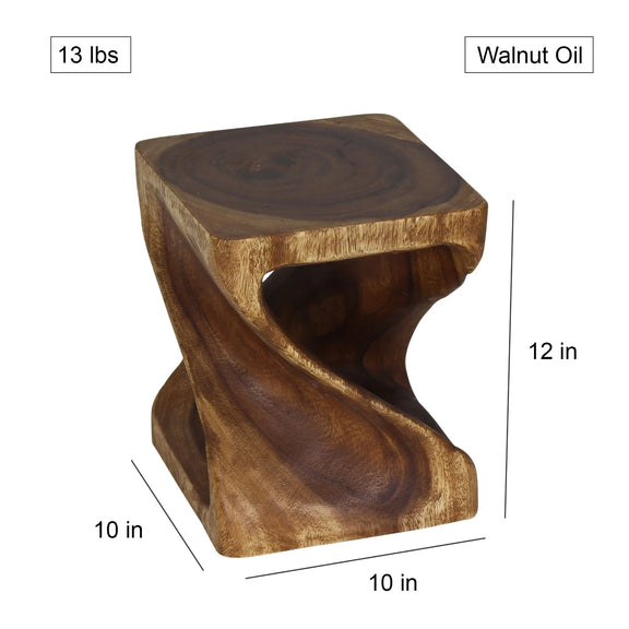 Size diagram of Walnut Original Twist hand-carved wood end table, 10 x 10 x 12 inches