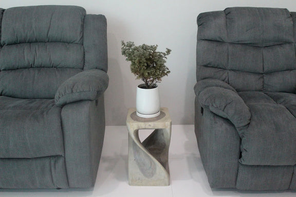 Agate Grey Original Twist hand-carved wood end table, 10 x 10 x 16 inches, in a furnished room