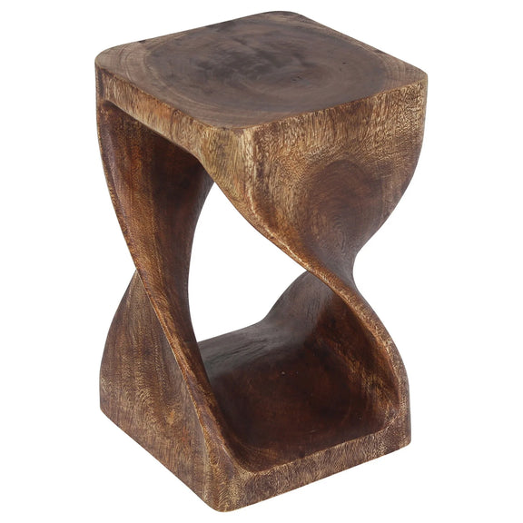 Mocha Original Twist hand-carved wood end table, 10 x 10 x 16 inches, second angle showing the carved twist