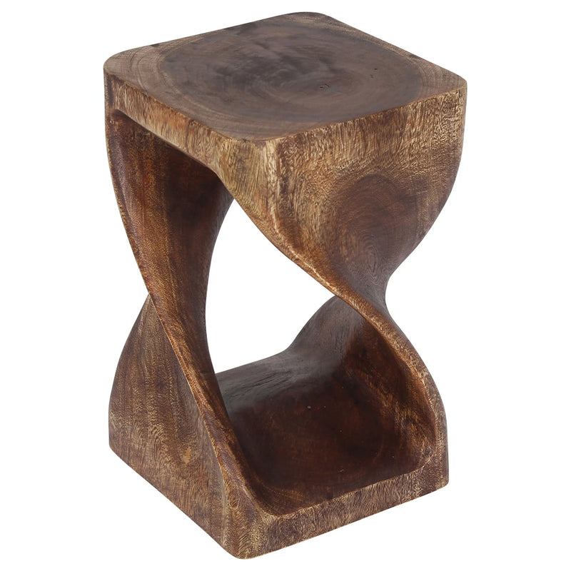 Mocha Original Twist hand-carved wood end table, 10 x 10 x 16 inches, second angle showing the carved twist