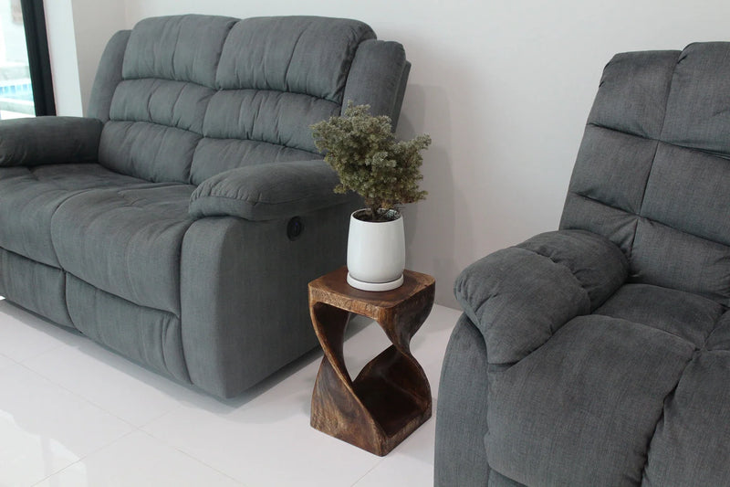 Mocha Original Twist hand-carved wood end table, 10 x 10 x 16 inches, in a furnished room