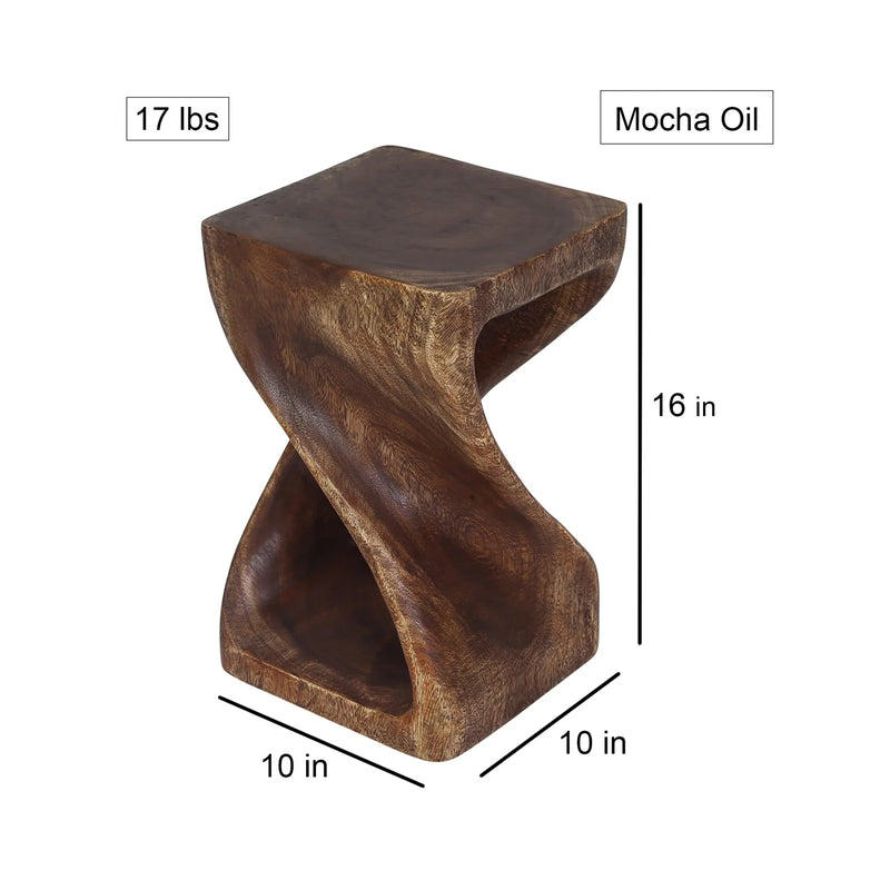 Size diagram of Mocha Original Twist hand-carved wood end table, 10 x 10 x 16 inches