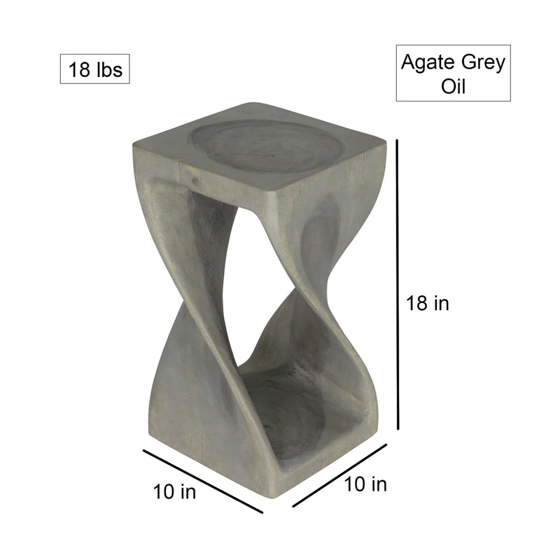 Size diagram of Agate Grey Original Twist hand-carved wood end table, 10 x 10 x 18 inches