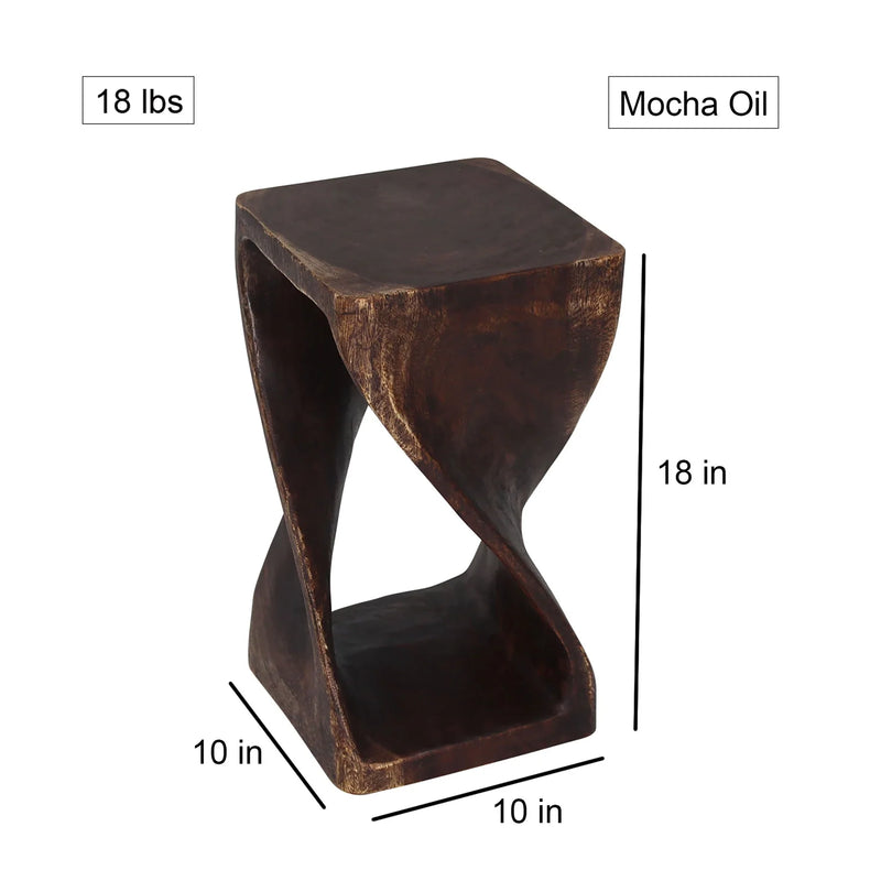 Size diagram of Mocha Original Twist hand-carved wood end table, 10 x 10 x 18 inches