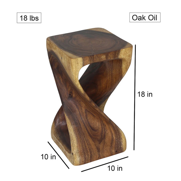 Size diagram of Oak Original Twist hand-carved wood end table, 10 x 10 x 18 inches