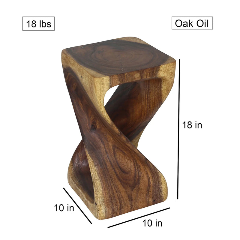 Size diagram of Oak Original Twist hand-carved wood end table, 10 x 10 x 18 inches