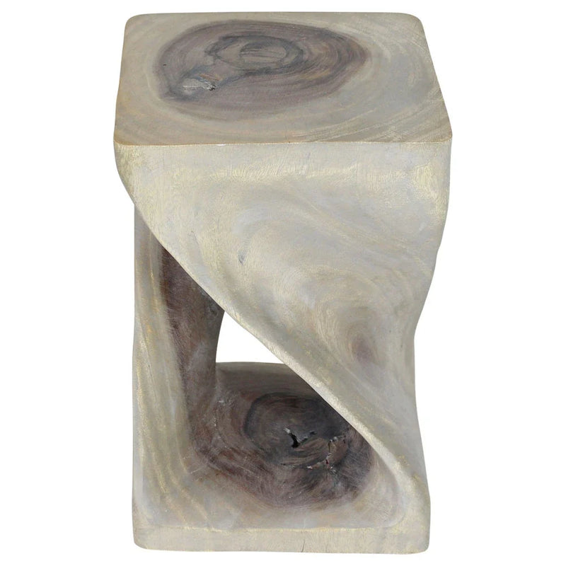 Agate Grey Original Twist hand-carved wood end table, 12 x 12 x 18 inches, second angle showing the carved twist