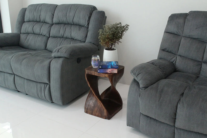 Mocha Original Twist hand-carved wood end table, 12 x 12 x 18 inches, in a furnished room