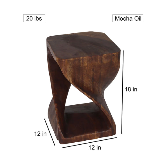 Size diagram of Mocha Original Twist hand-carved wood end table, 12 x 12 x 18 inches