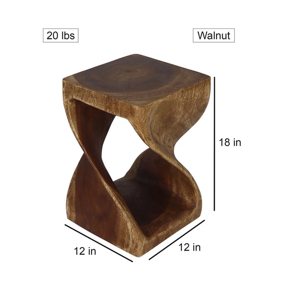 Size diagram of Walnut Original Twist hand-carved wood end table, 12 x 12 x 18 inches