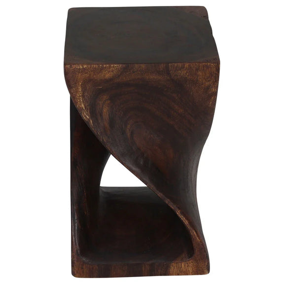 Mocha Original Twist hand-carved wood end table, 12 x 12 x 20 inches, second angle showing the carved twist