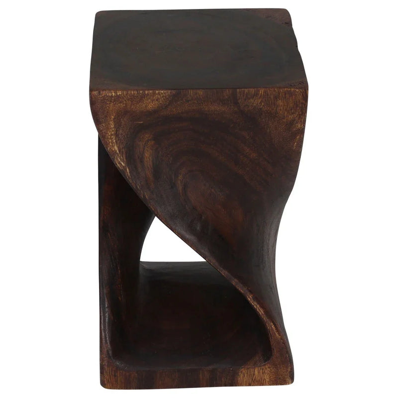 Mocha Original Twist hand-carved wood end table, 12 x 12 x 20 inches, second angle showing the carved twist
