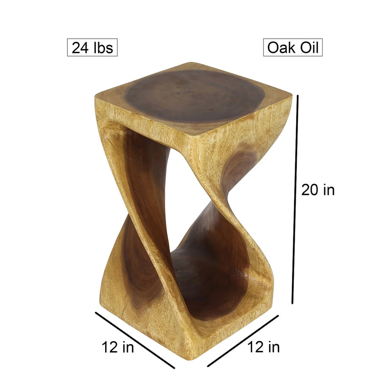 Size diagram of Oak Original Twist hand-carved wood end table, 12 x 12 x 20 inches