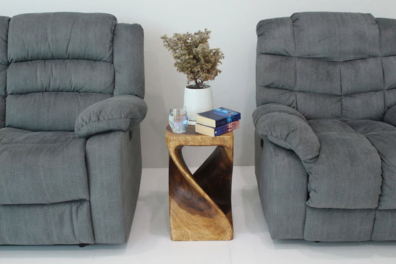Walnut Original Twist hand-carved wood end table, 12 x 12 x 20 inches, in a furnished room