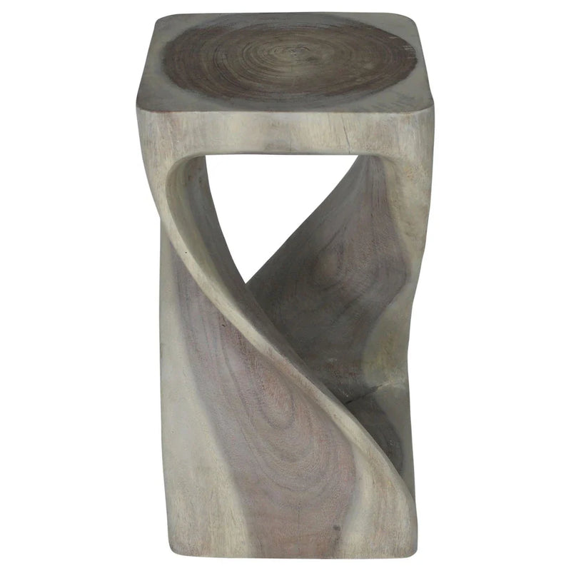Agate Grey Original Twist hand-carved wood end table, 12 x 12 x 23 inches, second angle showing the carved twist
