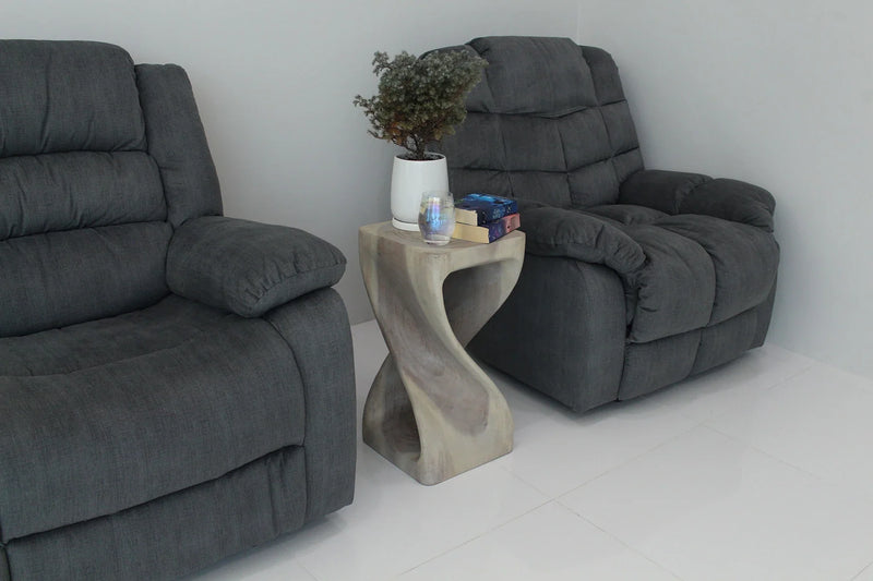 Agate Grey Original Twist hand-carved wood end table, 12 x 12 x 23 inches, in a furnished room