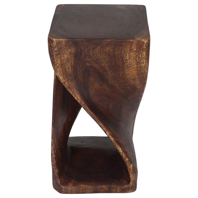 Mocha Original Twist hand-carved wood end table, 12 x 12 x 23 inches, second angle showing the carved twist