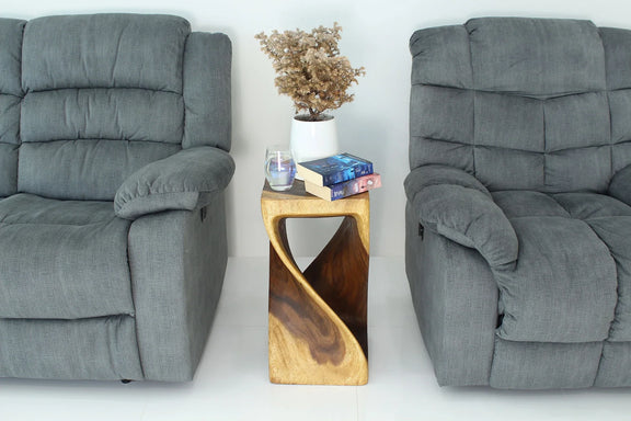 Oak Original Twist hand-carved wood end table, 12 x 12 x 23 inches, in a furnished room