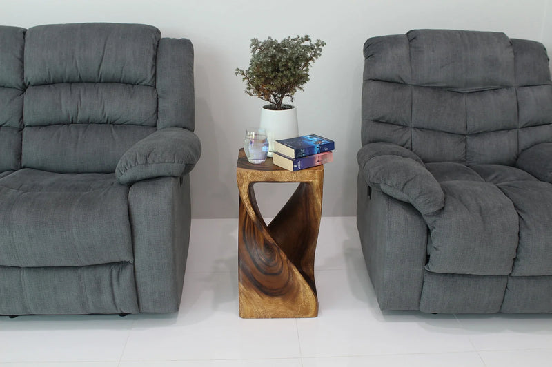 Walnut Original Twist hand-carved wood end table, 12 x 12 x 23 inches, in a furnished room