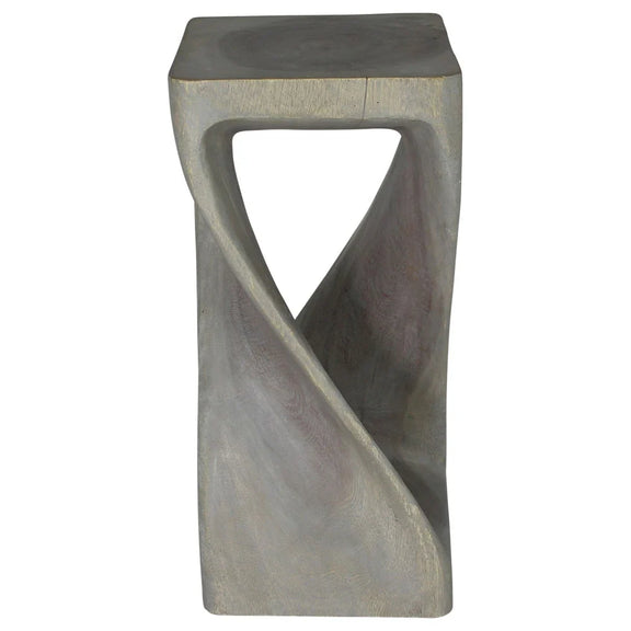 Agate Grey Original Twist hand-carved wood end table, 12 x 12 x 26 inches, second angle showing the carved twist
