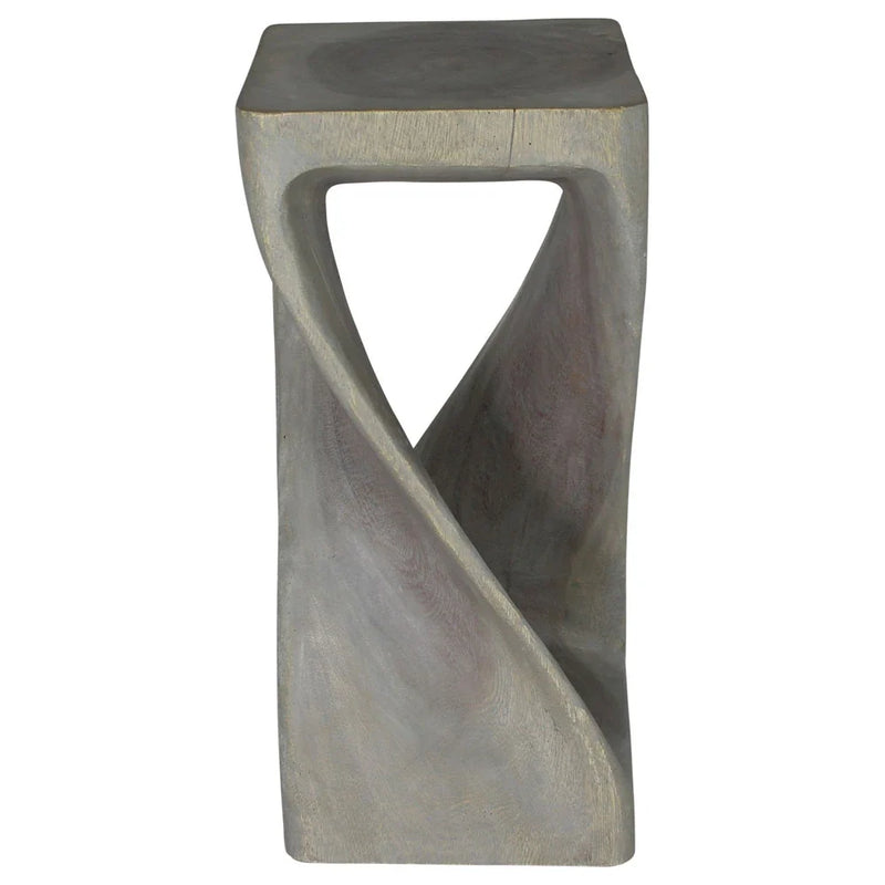 Agate Grey Original Twist hand-carved wood end table, 12 x 12 x 26 inches, second angle showing the carved twist