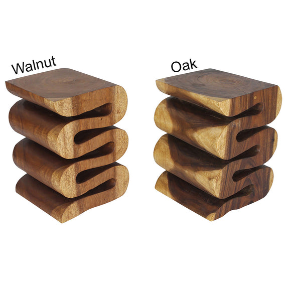 Haussmann Thinwave hand-carved wood end table, Walnut and Oak finishes together, 14 x 14 x 20 in H, dimensions